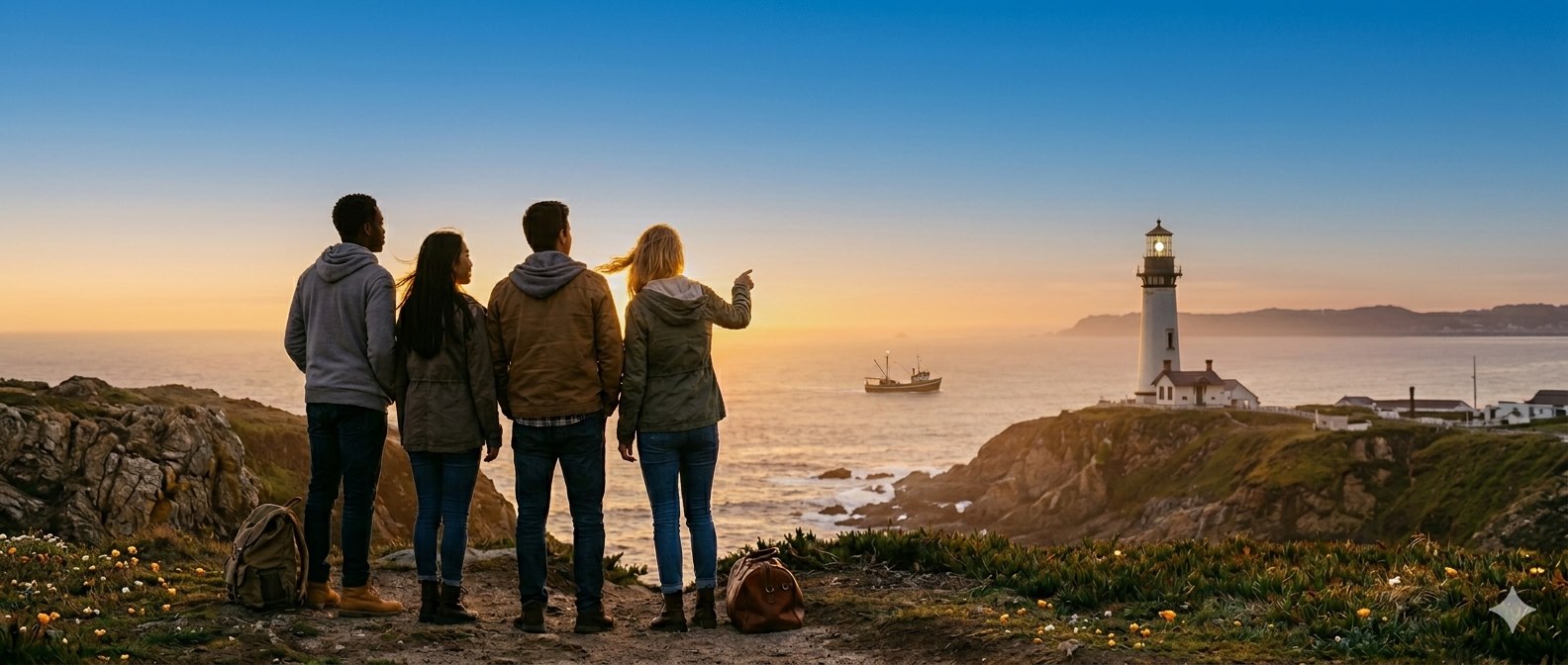 Four friends standing on a coastal bluff at sunset, looking out toward a lighthouse across the sea