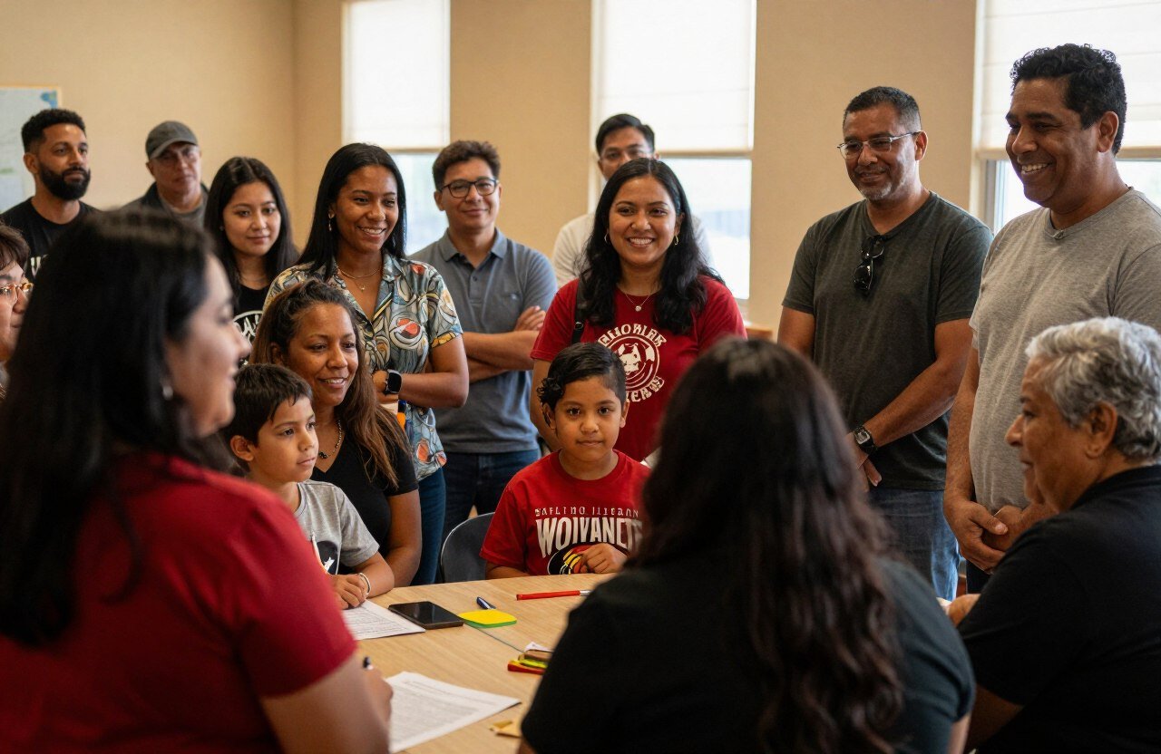Diverse immigrant families at a community welcome event